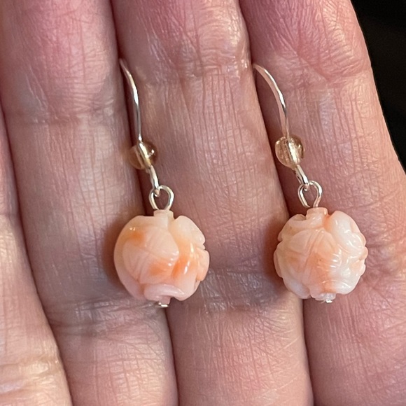 Hand carved undyed angel skin coral solid sterling silver drop hoop earrings - Picture 7 of 7